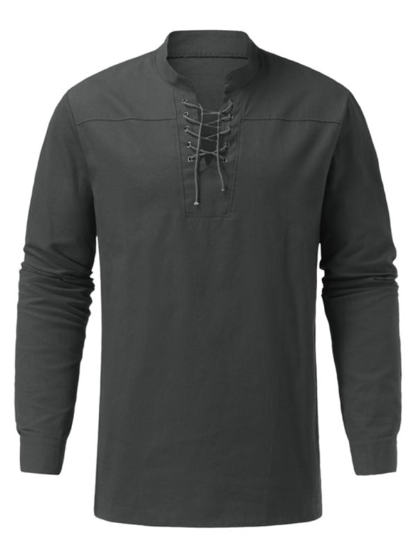 Men's Woven Retro Lace Up Casual Long Sleeve Shirt with Stand Collar