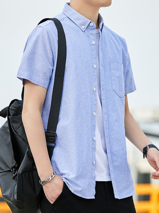 Casual Oxford short-sleeved shirt youthful fashion double pockets