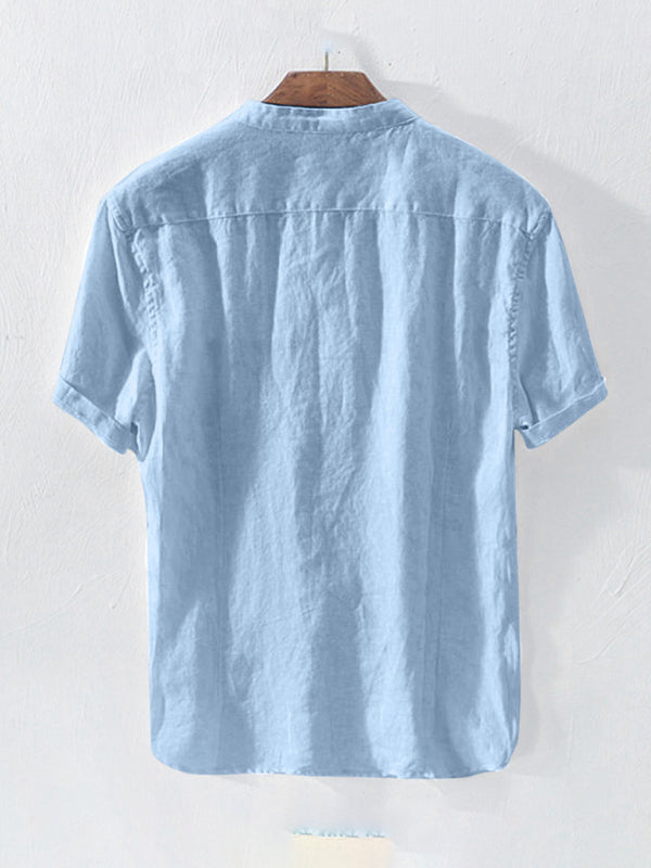 Men's Solid Color Cotton Linen Casual Short Sleeve Shirt