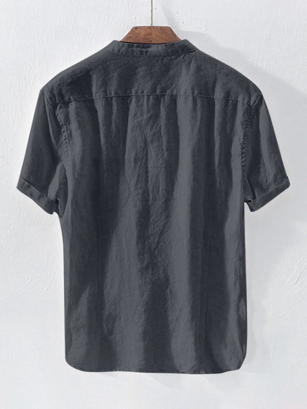 Men's Solid Color Cotton Linen Casual Short Sleeve Shirt