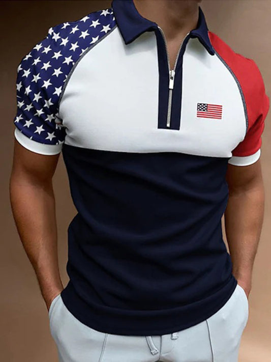 Men's Flag Print Short Sleeve Textured Zip Polo