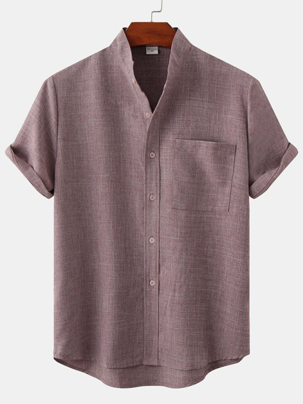 Spring and summer casual short-sleeved solid color cotton linen men's shirt