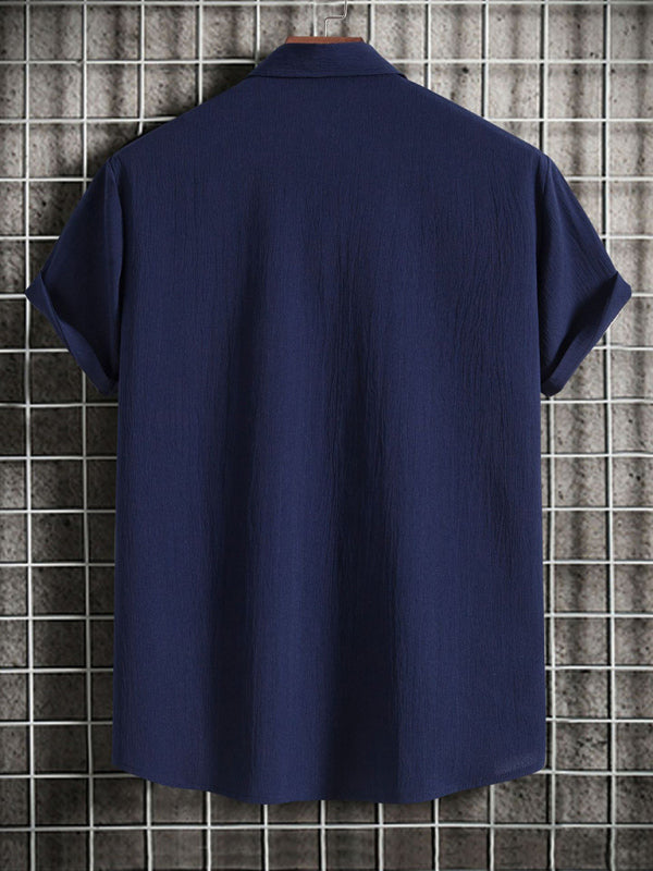New Men's Short Sleeve Loose Solid Color Button Cotton Linen Shirt