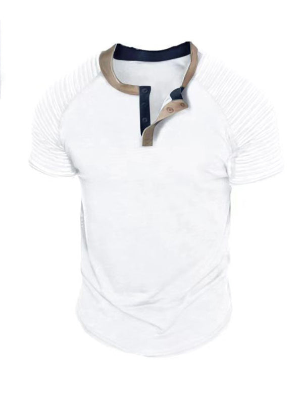 T-Shirt Button Collar Short Sleeve Men's Casual Pleated Tops Men's T-Shirts