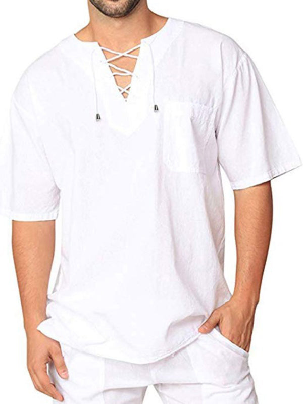New Men's Short Sleeve T-Shirt Cotton Linen Tie Collar Casual Men's T-Shirt Shirt
