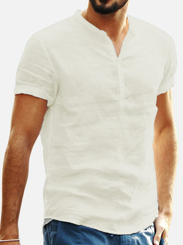 Men's Stand Collar Short Sleeve V Neck Cotton Linen Shirt