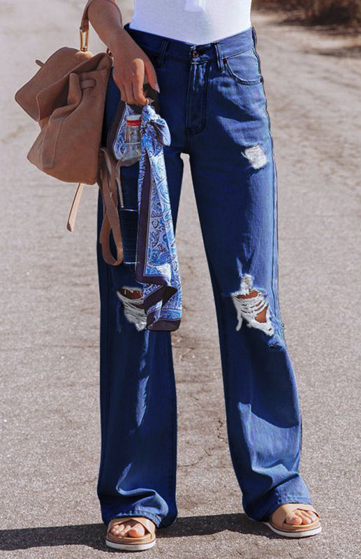 Ladies Ripped High-Rise Wide-Leg Jeans