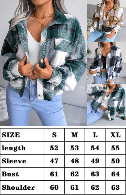Women’s Point Collar Front Button Closures Cropped Plaid Shirt Jacket