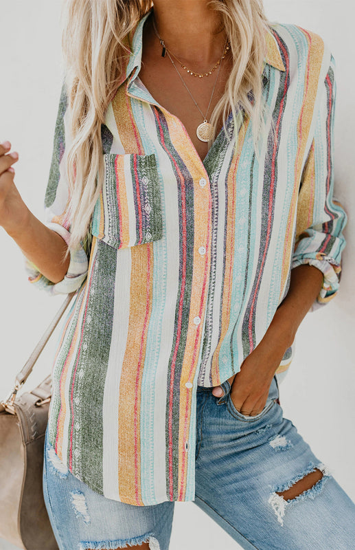 Linen Turn-down Collar Sweet Enough Striped Button Up Top