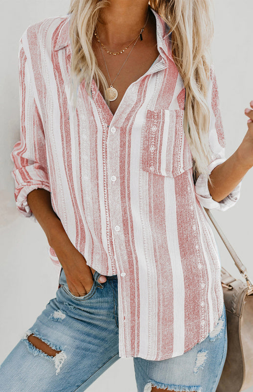 Linen Turn-down Collar Sweet Enough Striped Button Up Top
