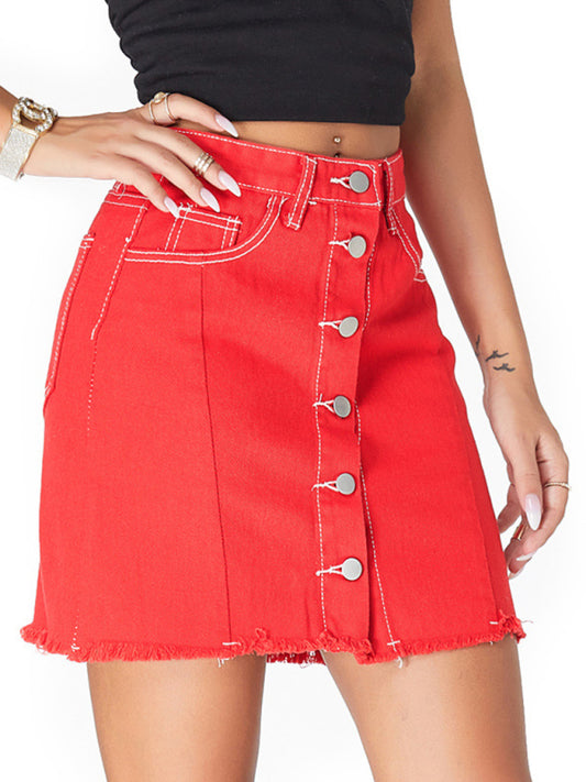 Women’s Solid Color Button Front Denim Raw Hem Mini Skirt