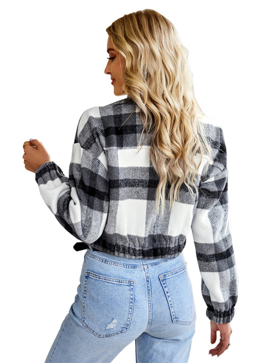Women's Cropped Zip Up Collared Flannel Jacket With Front Chest Pockets