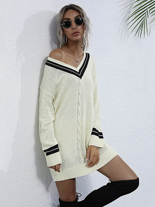 women's stitching v-neck long bottoming knitted sweater dress