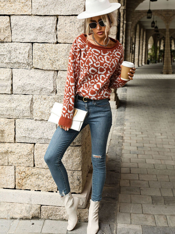 Women’s Jaguar Print Knit Sweater With Wide Neckline