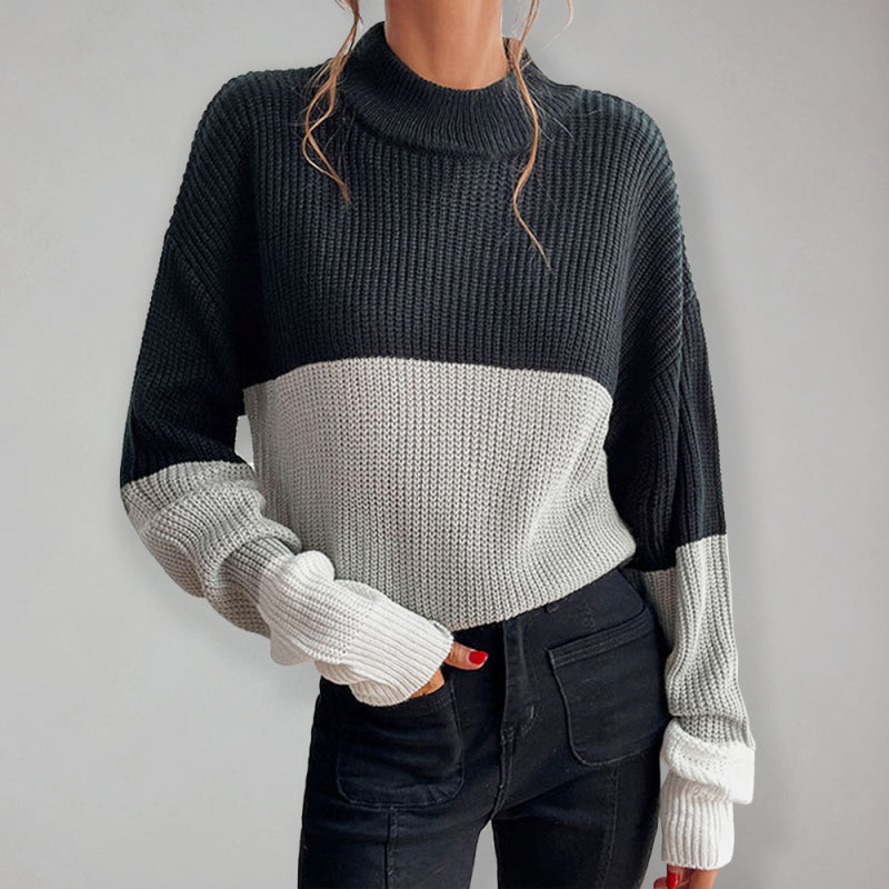 Women’s Fashionable Color Block Ombre Knit Sweater With High Neckline