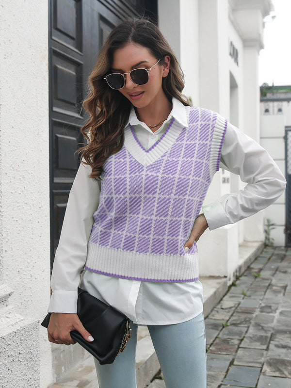 Women's fashion Plaid V-neck vest sweater