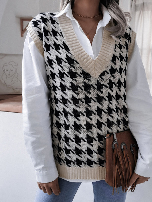 Women's V-neck thousand bird lattice casual loose knit vest sweater