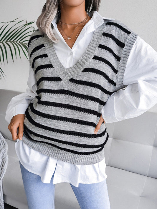Women's V-neck stripe casual knitting vest sweater