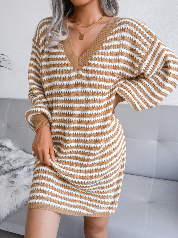 Women's striped hollow wool dress knitted dress