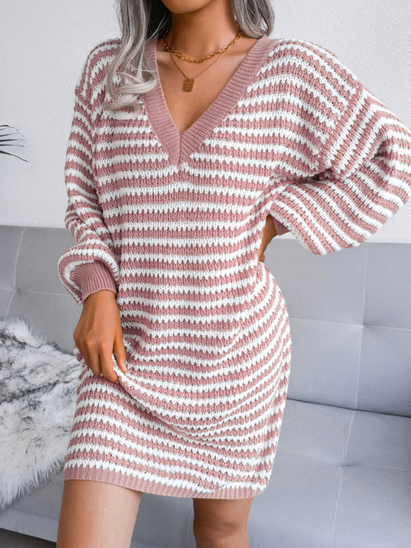 Women's striped hollow wool dress knitted dress