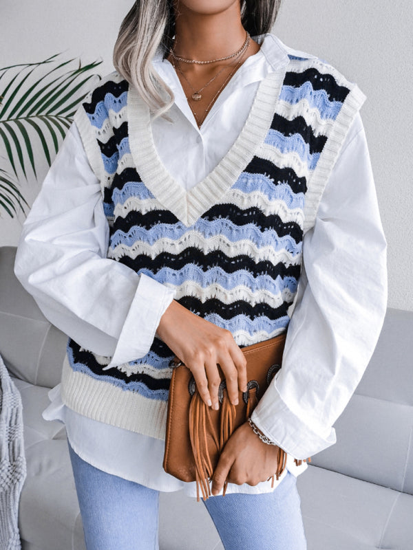Women's V-neck hollow stripe vest sweater