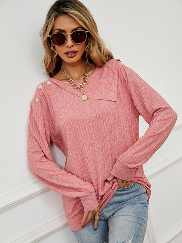 Women's Round Neck Pullover Solid Button Top