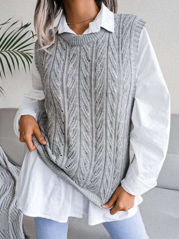 Women's round neck hollow leaf casual knitted vest sweater