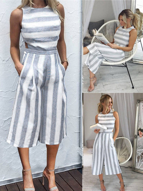 Women's linen and cotton striped seven-part jumpsuit