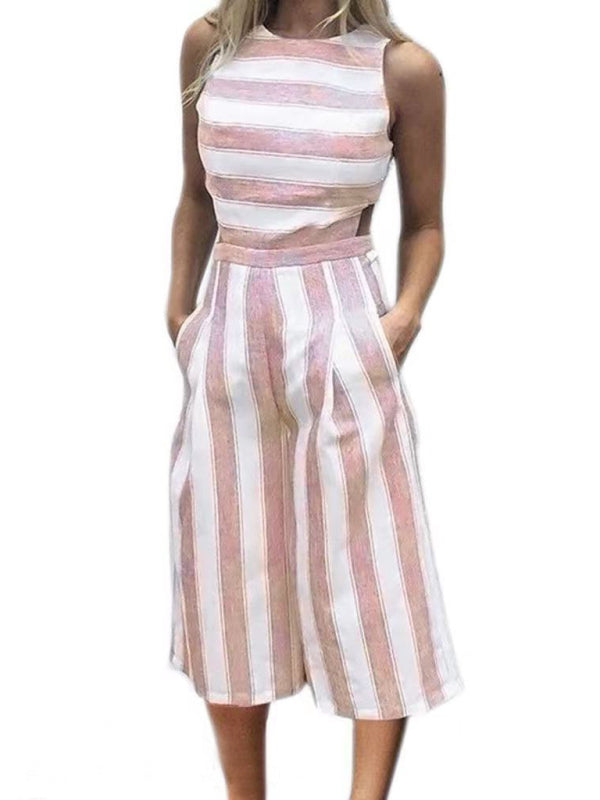 Women's linen and cotton striped seven-part jumpsuit