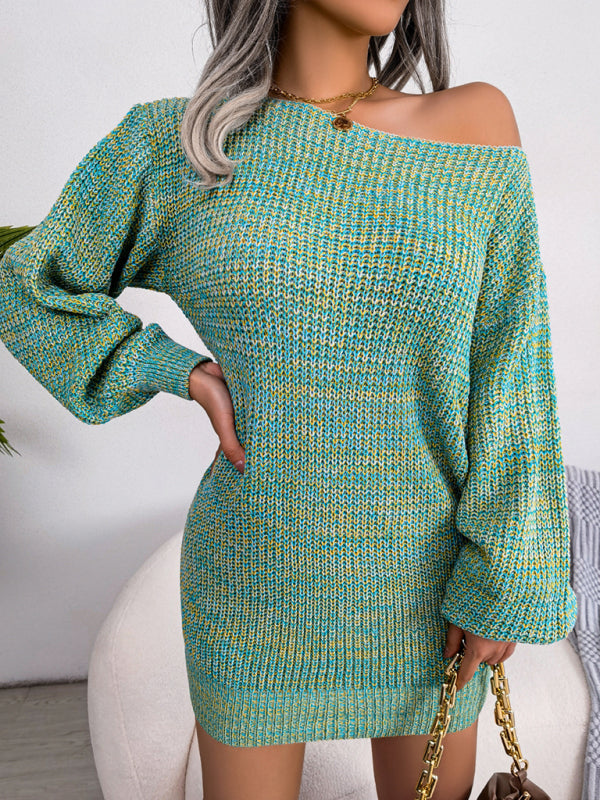 Women's straight neck off shoulder colorful lantern sleeve knitted wool dress