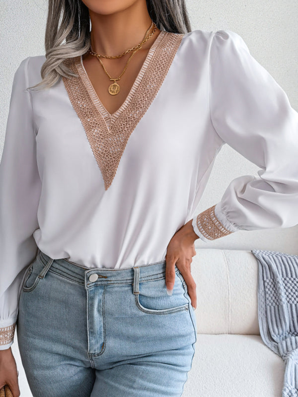 Women's temperament lace V-neck Long Sleeve Chiffon shirt