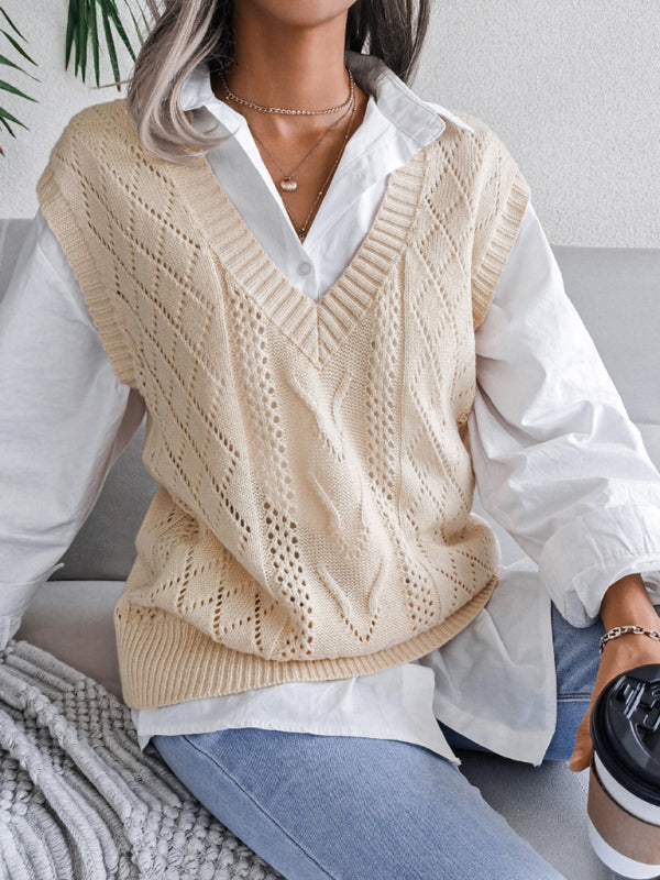 Women's hollow out fried dough twist V-neck knitted vest sweater