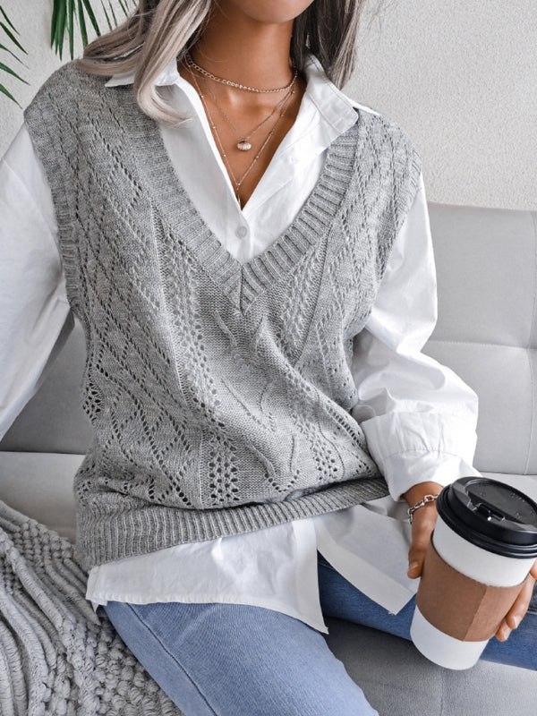 Women's hollow out fried dough twist V-neck knitted vest sweater