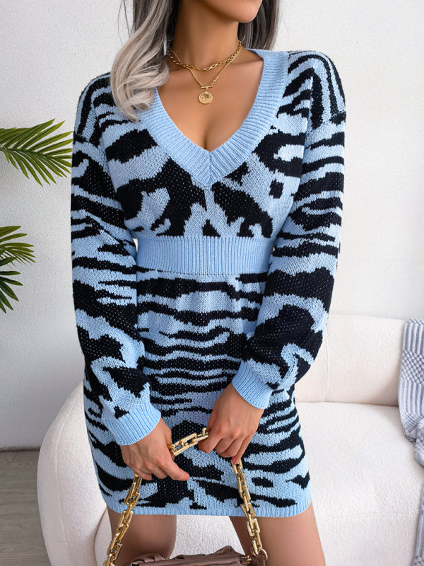Women's fashion tiger pattern Lantern Sleeve waist closed wool dress