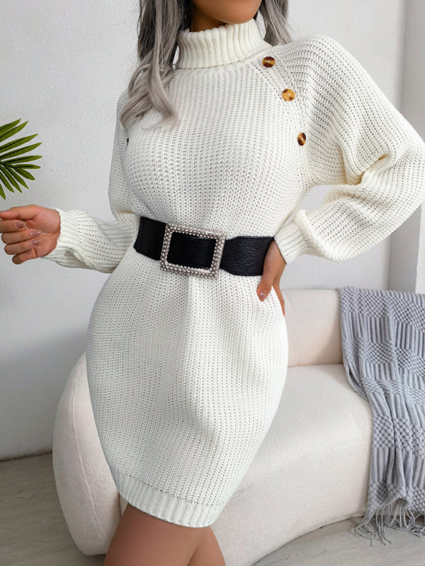 Women's casual button high neck long sleeve bottomed fur dress