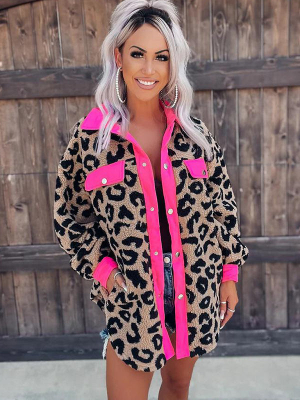 Women's casual furry clothes plush jacket women leopard print furry jacket