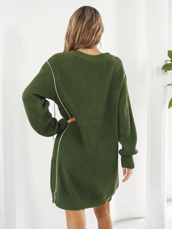 Women's Dropped Sleeves Drawstring V-Neck Sweater Dress
