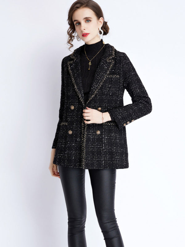 Women's small fragrant wind long sleeve tweed tartan jacket