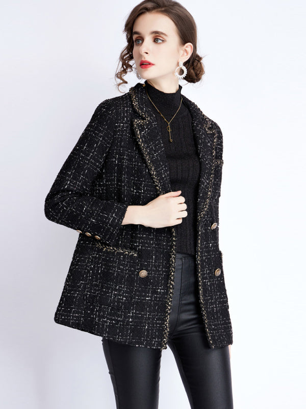 Women's small fragrant wind long sleeve tweed tartan jacket