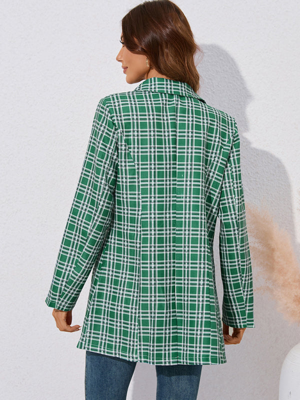 Women's plaid print mid-length blazer