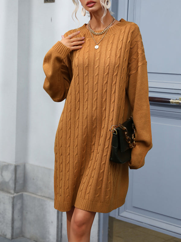 Women’s Round Neckline Cable Loose Fit Sweater Dress