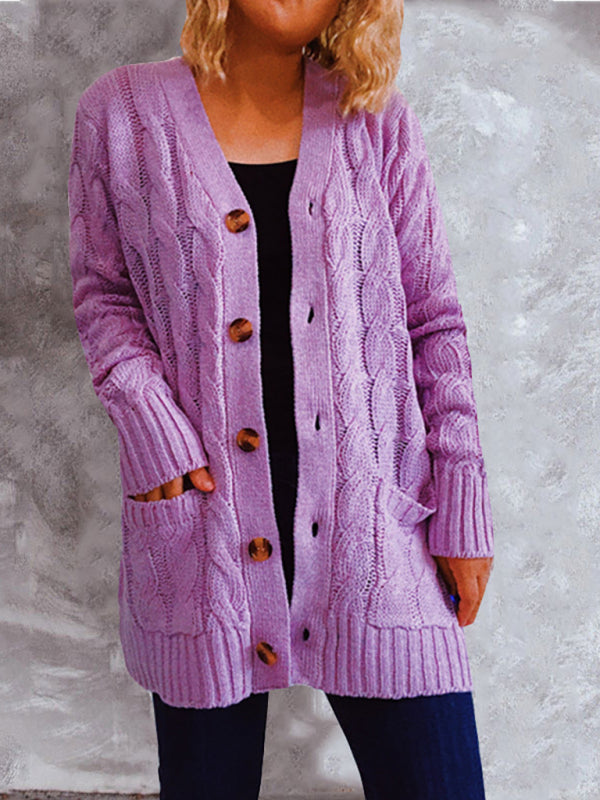 Women’s V Neckline Cable Knit With Button Front Closure With Pockets Cardigan