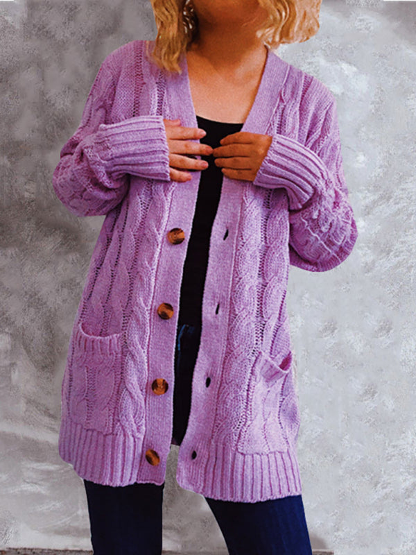 Women’s V Neckline Cable Knit With Button Front Closure With Pockets Cardigan