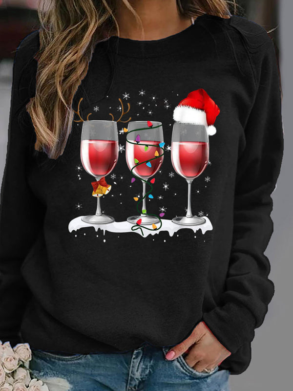 Christmas red wine cup printed long sleeved round neck hoodless sweater women