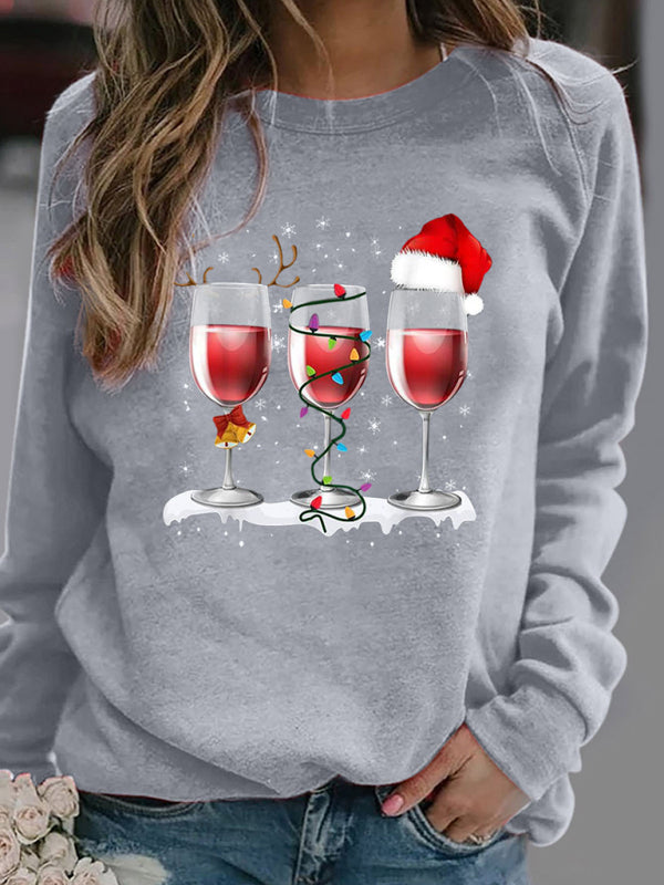 Christmas red wine cup printed long sleeved round neck hoodless sweater women