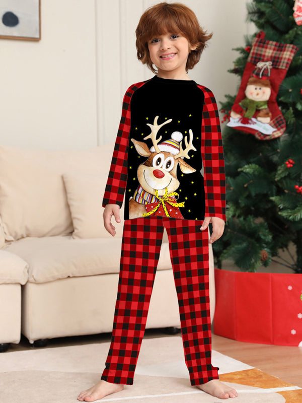 Kid’s Long Sleeves Classic Plaid Print Holiday Reindeer Holiday Fitted Two Piece Pajamas