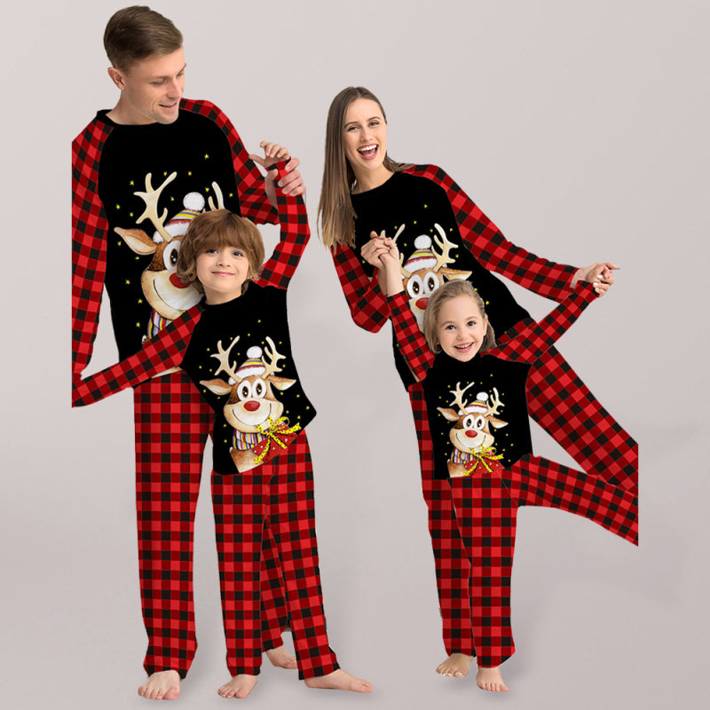 Kid’s Long Sleeves Classic Plaid Print Holiday Reindeer Holiday Fitted Two Piece Pajamas