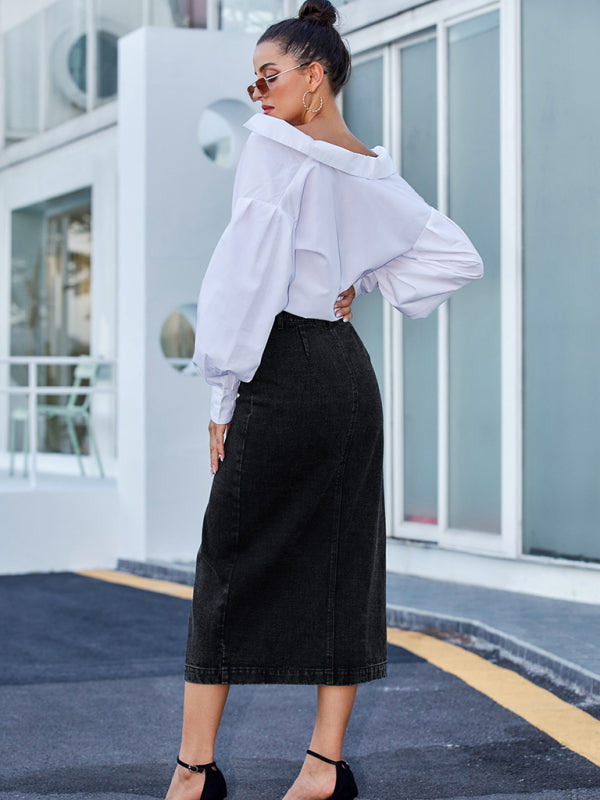 New Button Irregular Slit Denim High Waist Skirt