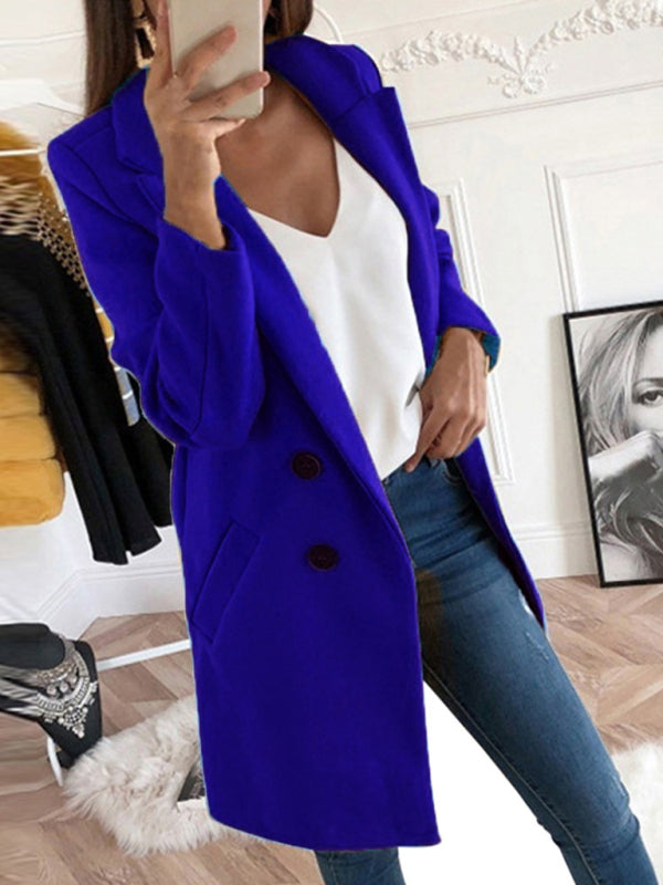 Women’s Front Buttoned Long Overcoat With Front Pockets And Padded Shoulders