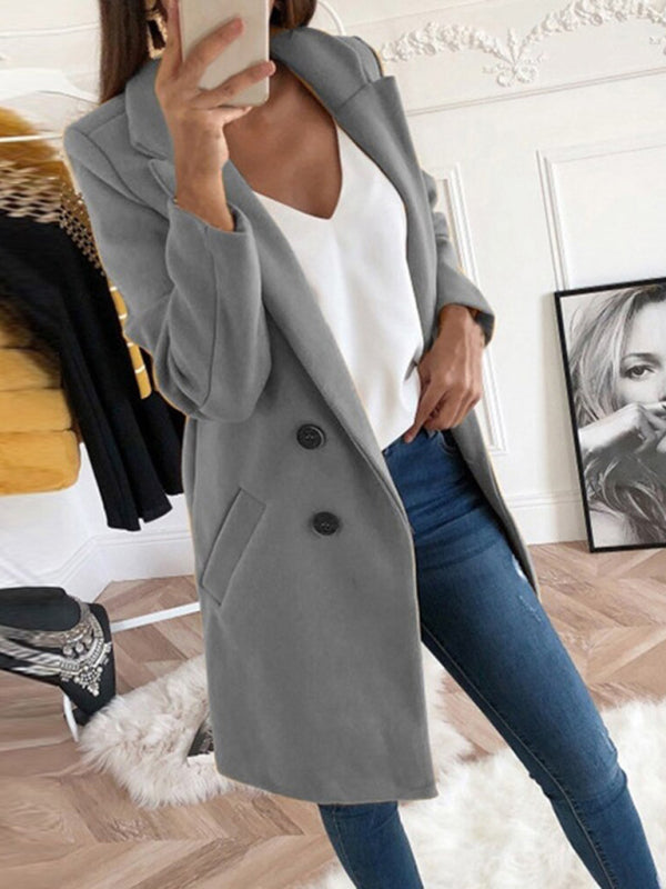 Women’s Front Buttoned Long Overcoat With Front Pockets And Padded Shoulders